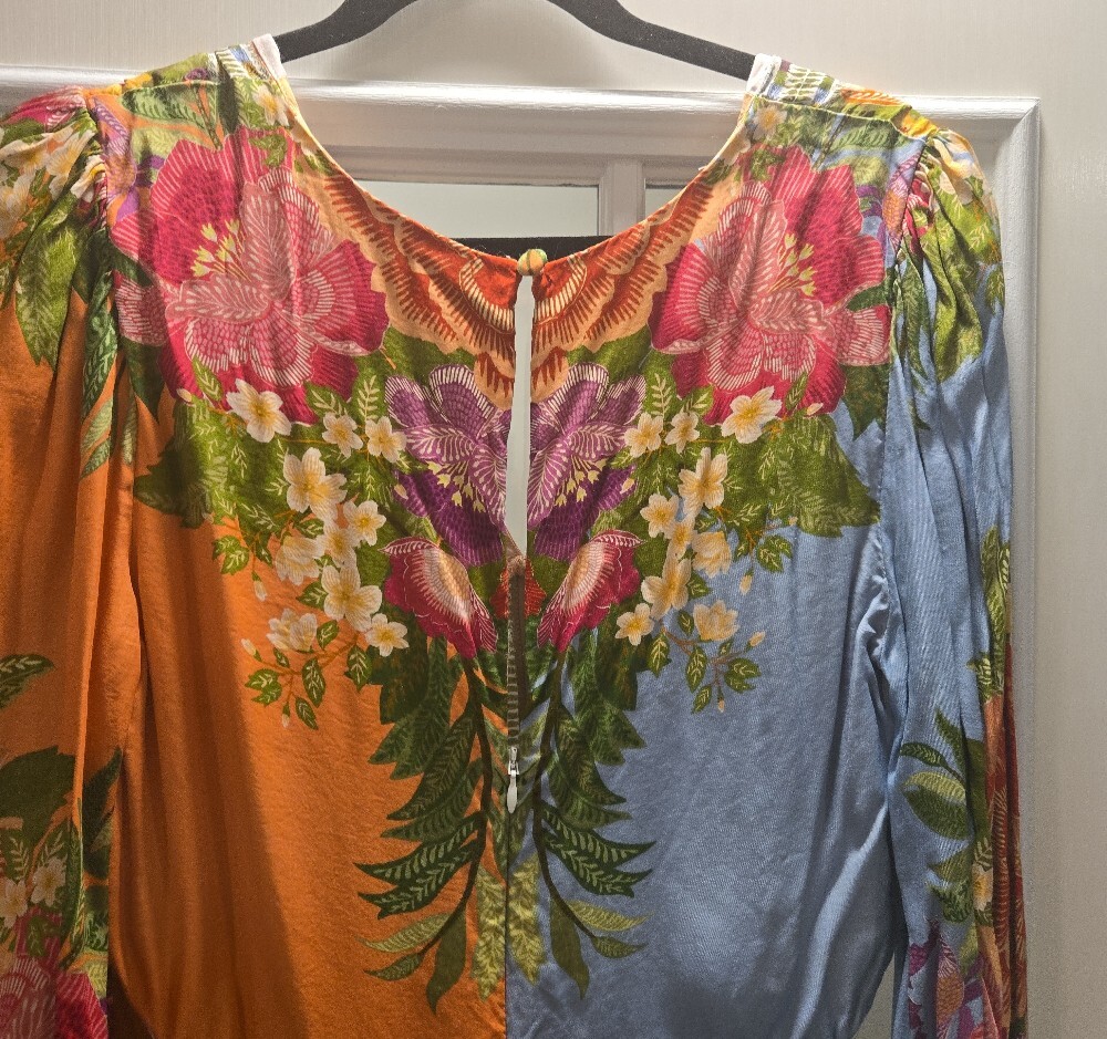 FARM Rio Two-Tone Floral V-Neck Long Sleeve Dress in Blue and Orange - Picture 7 of 12